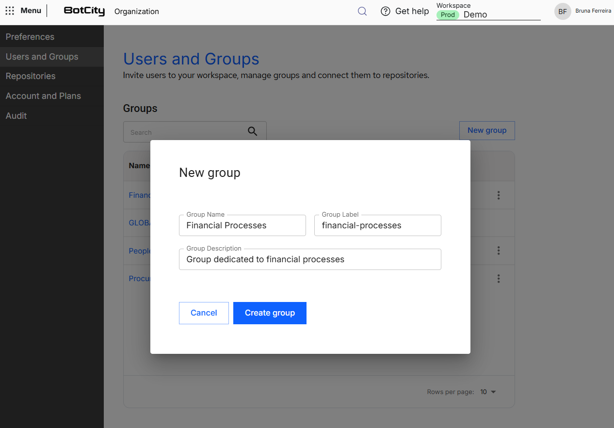 Screenshot of the BotCity Organization, in the Users and Groups menu, with the "New group" form open over the groups table, showing the Group Name, Group Label and Group Description fields filled in and the Cancel and Create group buttons.