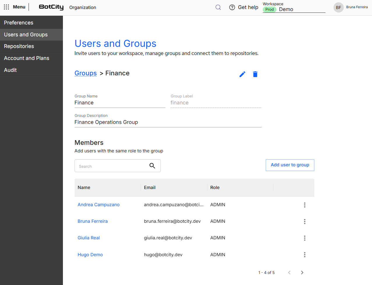 Screenshot of the BotCity Orchestrator, on the information screen of the Finance group, showing the Group Name, Group Label and Group Description fields, the edit and delete icons, and the Members section with the members table in the Name, Email and Role columns, a search field and an Add user to group button.