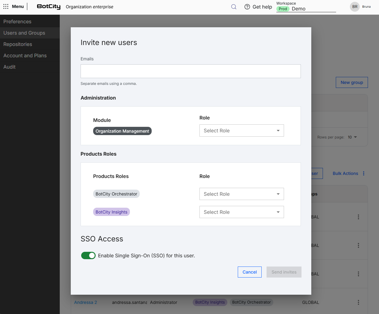 Screenshot of the BotCity Platform, in the Users and Groups menu, with the "Invite new users" form open, showing the Emails field, the Administration and Products Roles sections with their role selectors, the SSO access selector and the Cancel and Send invites buttons.