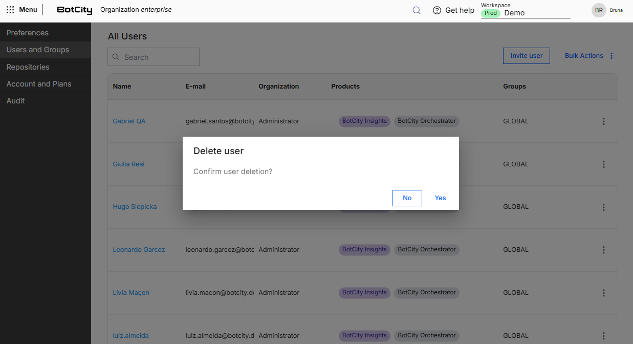 Screenshot of the BotCity Platform, in the "All users" table, with the "Delete user" confirmation box open, asking whether the user deletion should be confirmed and showing the No and Yes buttons.