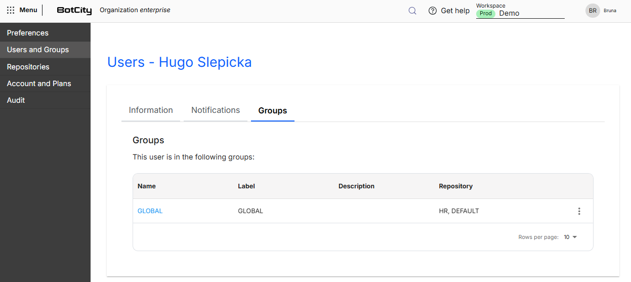 Screenshot of the BotCity Platform, in the Groups tab of a user page, showing the table of the user groups with the Name, Label, Description and Repository columns.