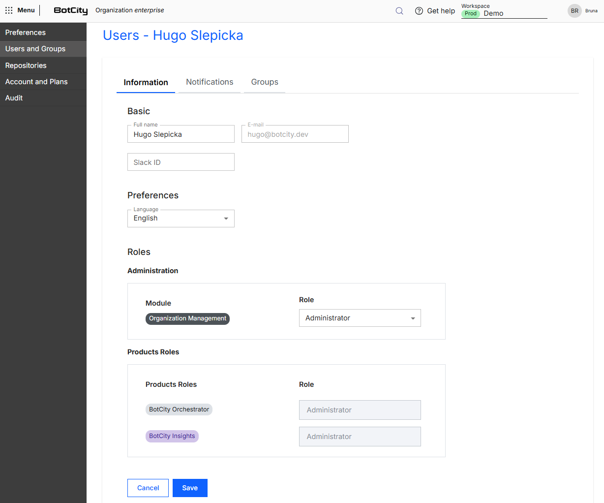Screenshot of the BotCity Platform, in the Information tab of a user page, showing the Basic, Preferences and Roles sections, with the role selectors of the Administration and of the products and the Cancel and Save buttons.