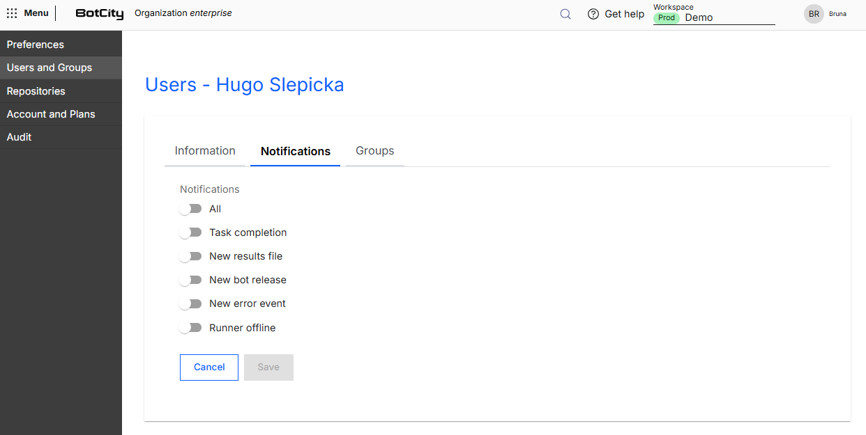 Screenshot of the BotCity Platform, in the Notifications tab of a user page, showing the selectors of the All, Task completion, New results file, New bot release, New error event and Runner offline events, all disabled, and the Cancel and Save buttons.