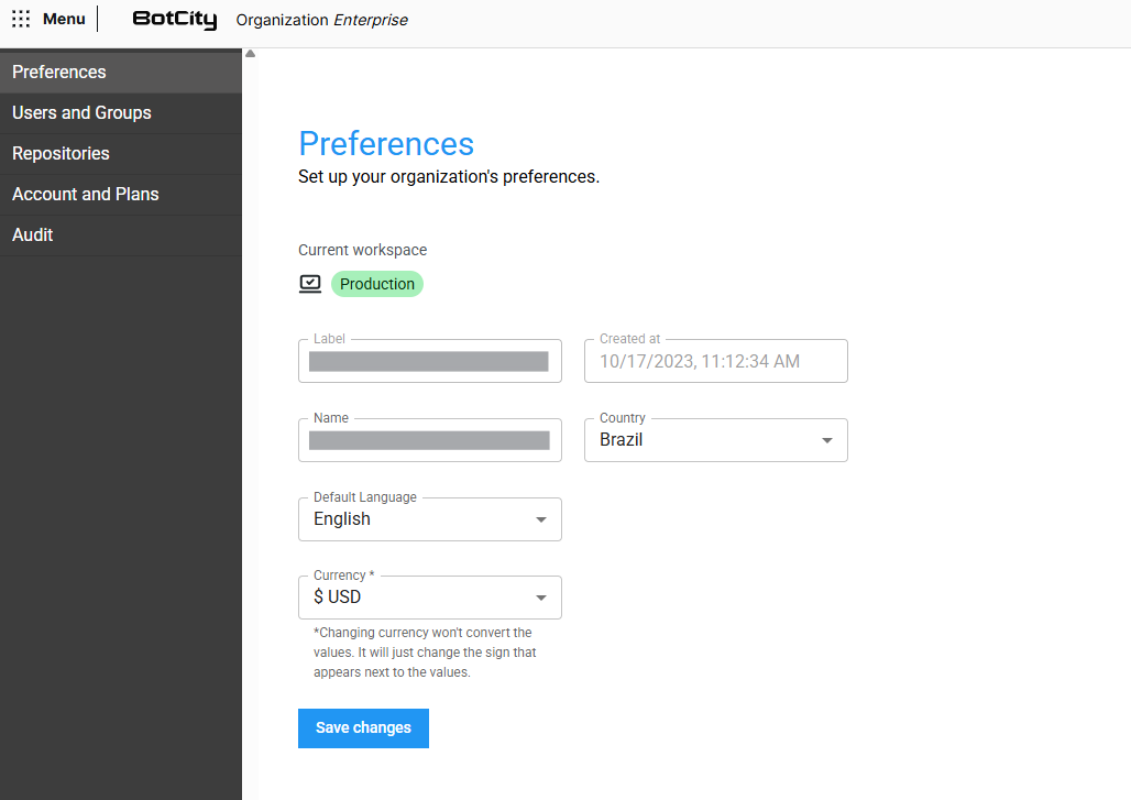 Preferences screen showing the workspace data, such as label, creation date, name, country, default language, and currency