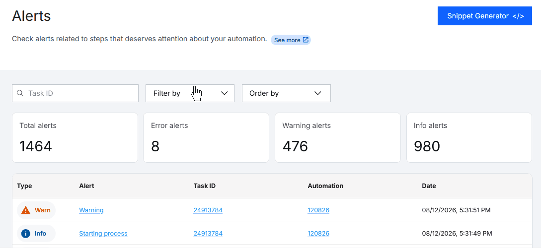 Alert search and filters GIF of the BotCity Orchestrator, showing the filters for alert search. Displays the three main fields available for filtering: Search by Task ID, Filter, Sort order.