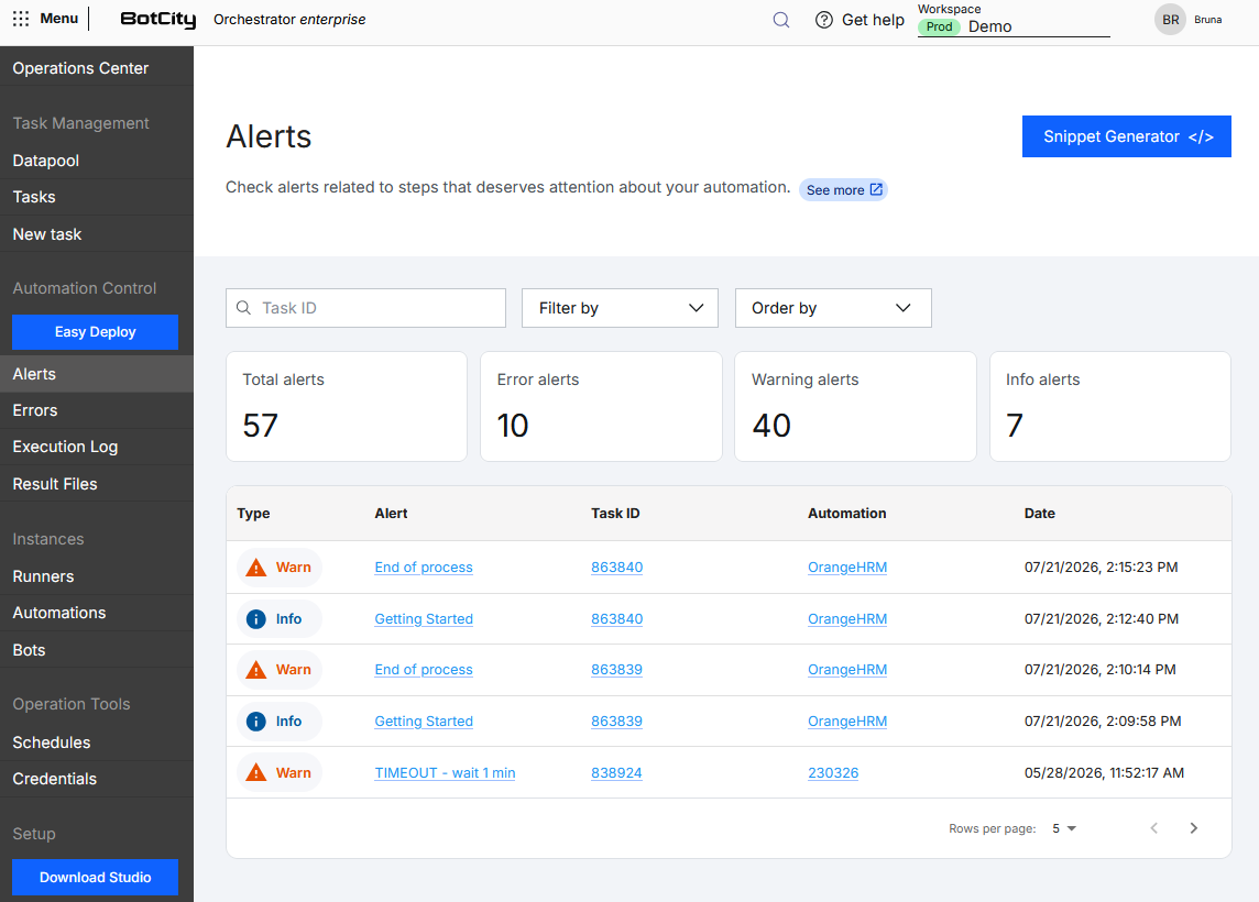 Alerts menu overview Screenshot of the BotCity Orchestrator, showing the Alerts menu. The page displays the Snippet Generator button, summary cards with the total number of alerts and the numbers of error, warning and information alerts, search fields and filters above the table, and the alerts sent on the platform in a table format with the columns: Type, Alert, Task ID, Automation and Date.