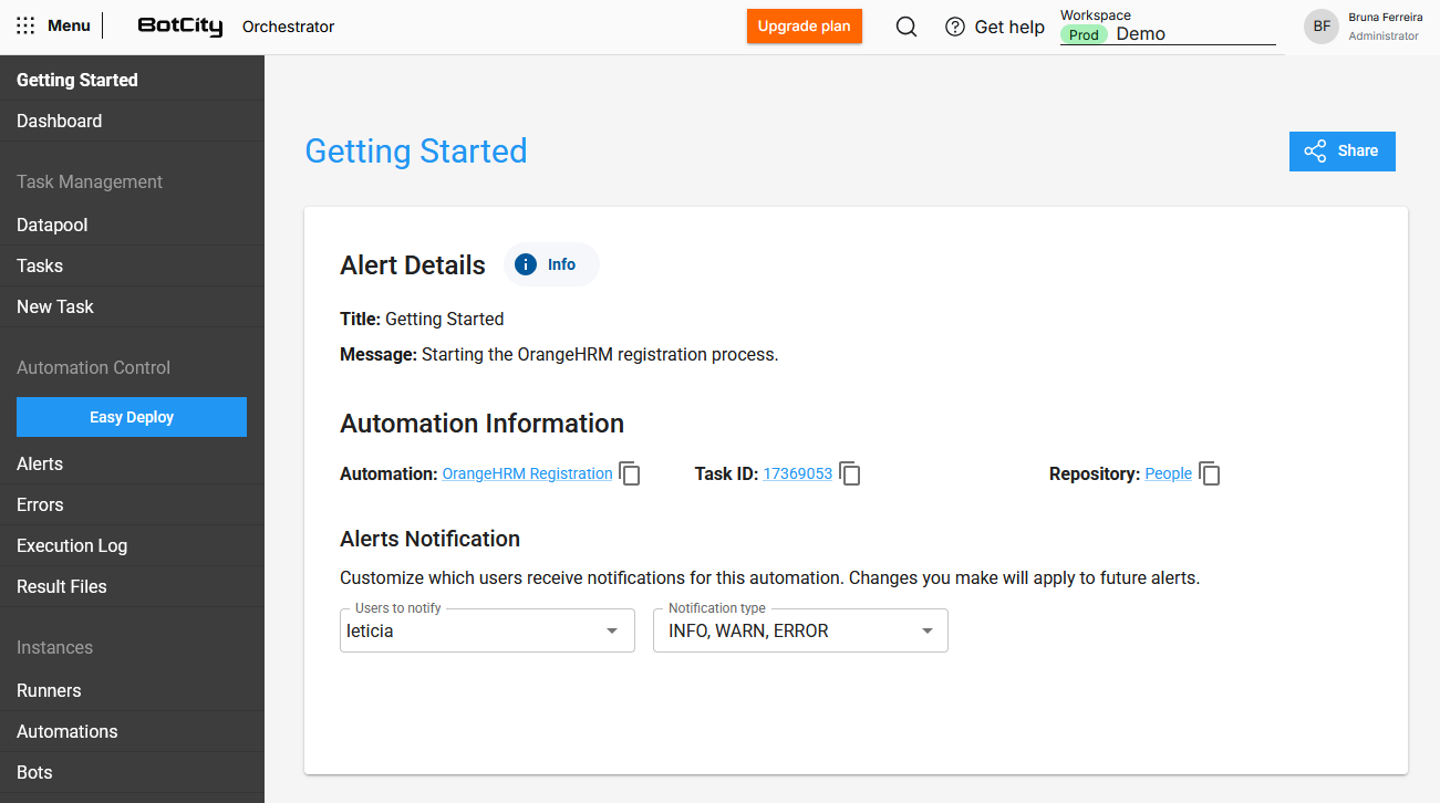 Alert Details Screenshot of the BotCity Orchestrator, showing the Alert details. The page displays the title defined in the alert, with a card below containing the information: Details: type, title and message; Automation: automation name, task number and repository; Notifications: User selection option and alert type to notify. Share alert button in the upper right corner.