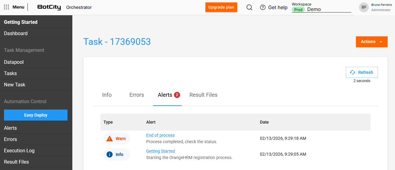 Alerts view in Task details Screenshot of the BotCity Orchestrator, showing the details of a task. The page displays the task ID as the title, on the Alerts tab. The table shows the alerts sent by the task with the columns: Type, Alert and Date.