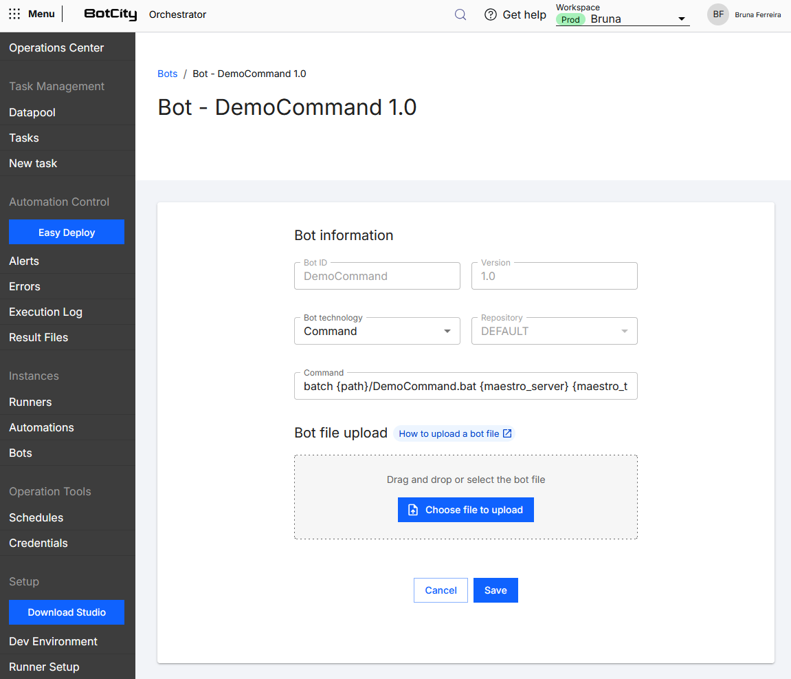 Command Field in the Deploy Form Screenshot of the BotCity Orchestrator, displaying the Deploy form with the Command technology selected. Highlights the Command field, where shell, batch, or bash commands can be entered, along with external arguments and parameters to be executed by the Runner.