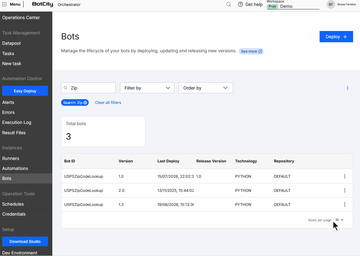 Bot Deletion Flow GIF demonstrating how to delete a bot. Flow starts in the Bots menu, clicks Delete in the action menu of the bot version to be removed and confirms the deletion in the confirmation dialog displayed.