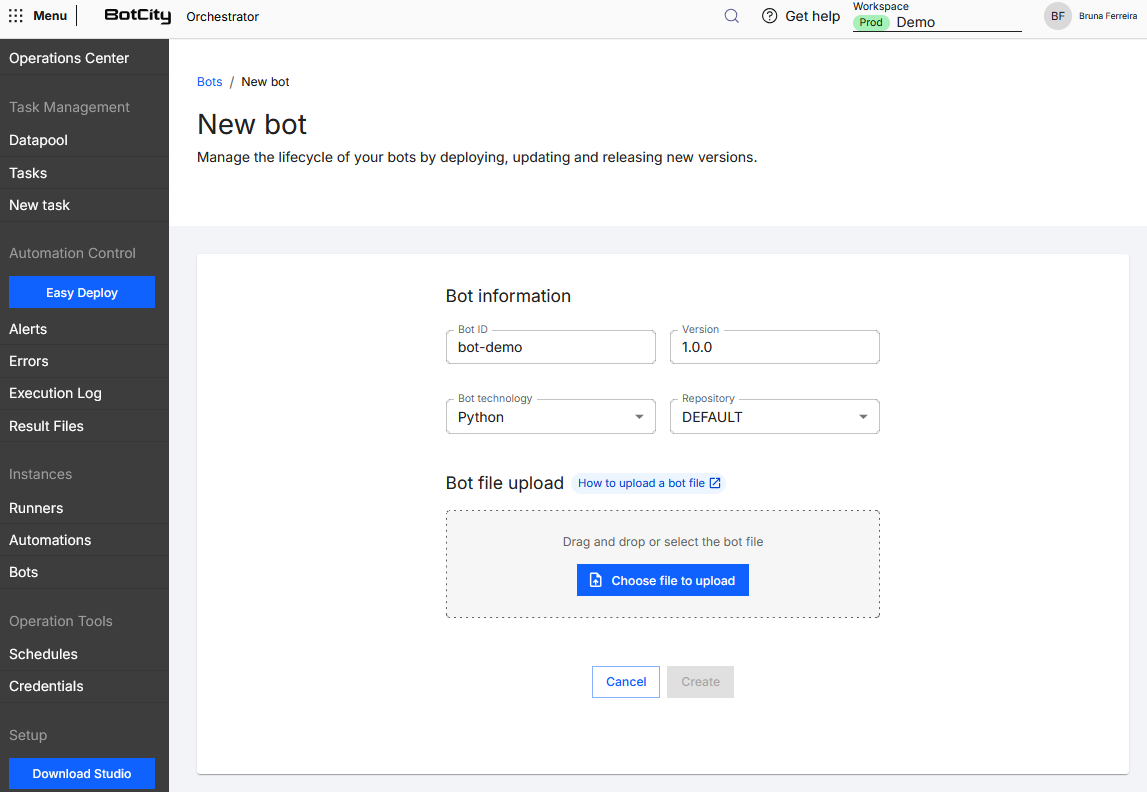Bot Deploy Form Screenshot of the BotCity Orchestrator, displaying the new Bot Deploy form. The form contains the fields: BotID, Version, Technology, Repository, and File. Below, the Cancel and Create buttons.