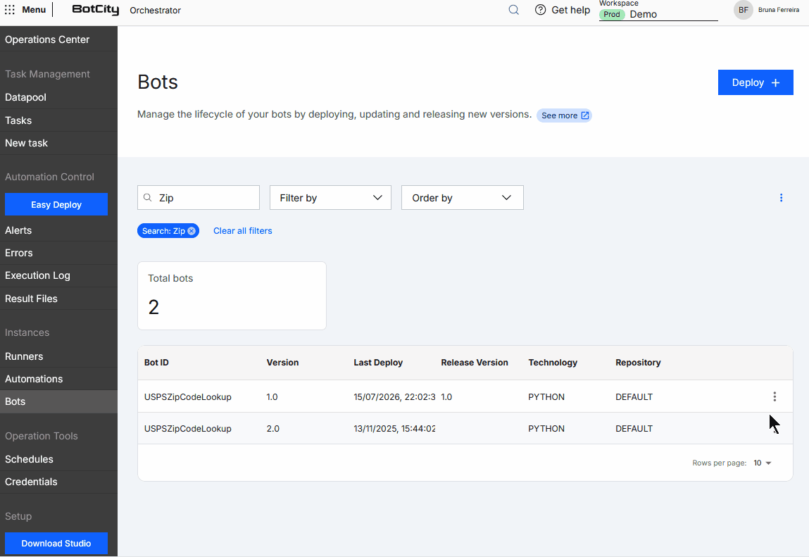 Bot Download Flow GIF demonstrating how to download a bot. Flow starts in the Bots menu, clicks Download Bot in the action menu of the chosen bot version. The bot file download starts automatically.