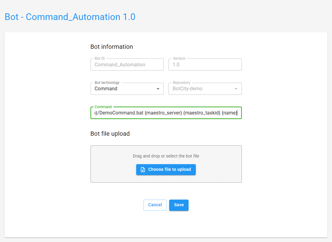 Parameter used in the Command field Screenshot of the BotCity Orchestrator, displaying the Deploy form with the Command technology selected. Highlights the Command field filled with the example of the "name" parameter in curly braces at the end of the command.