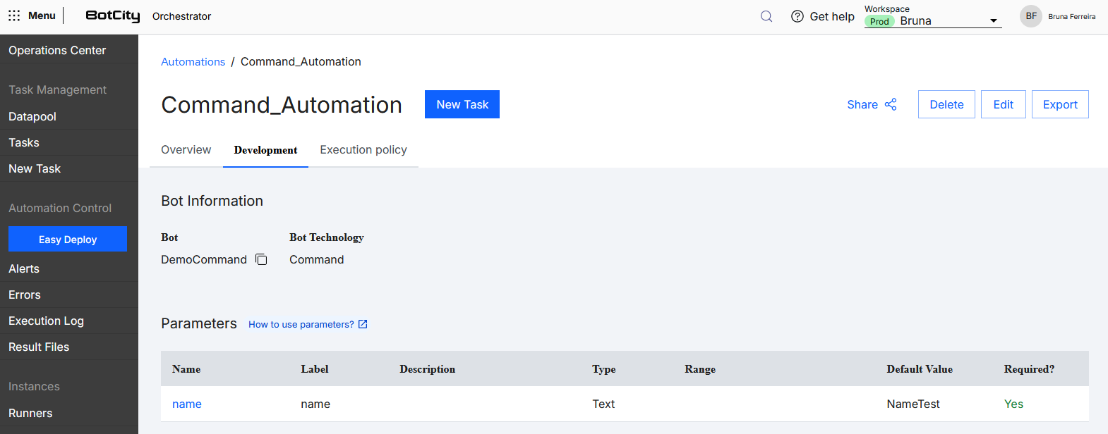 Parameter created in the automation Screenshot of the BotCity Orchestrator, displaying the Development tab of an automation with the parameter named "name" created in the Parameters section.