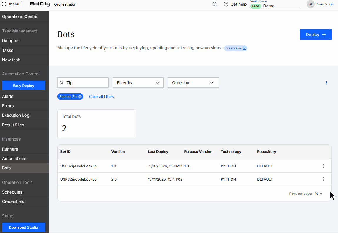 Bot Release Version Flow GIF demonstrating how to define the release version of a bot. Flow starts in the Bots menu, clicks the Release option in the action menu of the bot version to be marked as release. The selected version is then displayed in the Release Version column of the list.