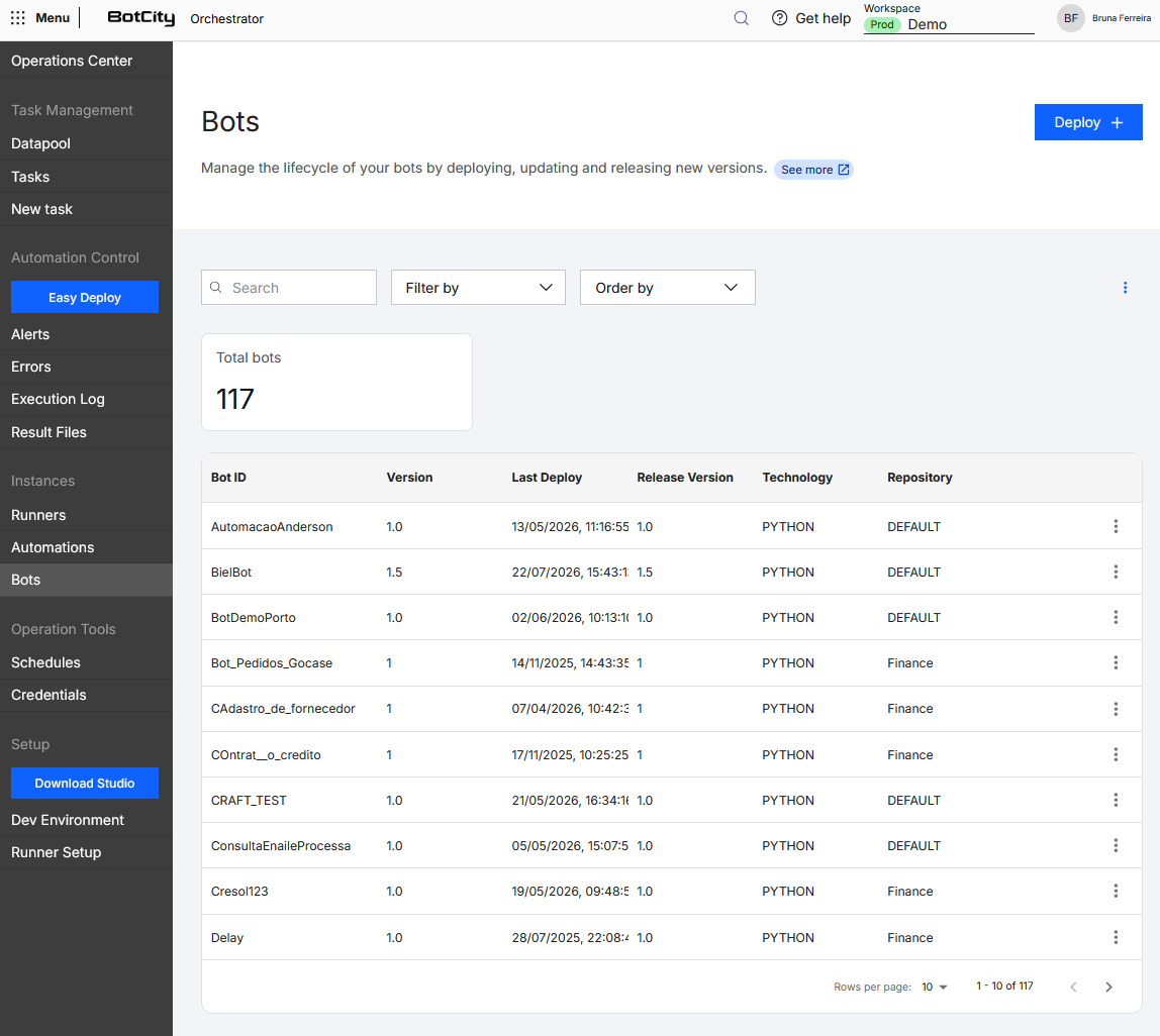 Overview of the Bots menu Screenshot of the BotCity Orchestrator, showing the bots menu. The page features the title 'bots' and the description 'Manage the lifecycle of your bots through deployment, updates, and the release of new versions', with a '+ Deploy' button in the top-right corner. Below are the search bar, filter and sorting fields, and the bulk actions menu. Next is the summary card showing the total number of bots. Finally, the list of deployed bots includes the following columns: Bot ID, Version, Last Deploy, Release Version, Technology, Repository, and an actions menu.