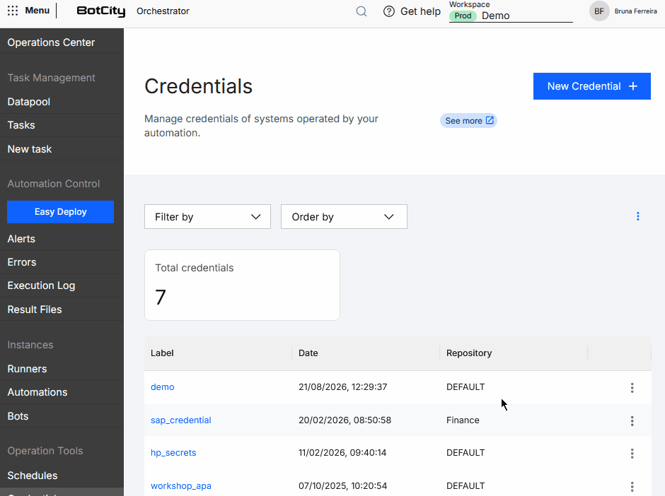Delete Credential GIF of the BotCity Orchestrator, showing the Credentials menu. The user opens the actions menu of a credential in the list, selects the delete option, and confirms the deletion in a confirmation window.