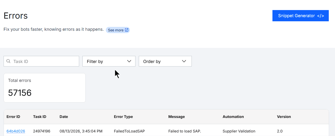 Error search and filters GIF of the BotCity Orchestrator, showing the filters for searching errors. Displays the three main fields available for filtering: Search by Task ID, Filter, Sorting.