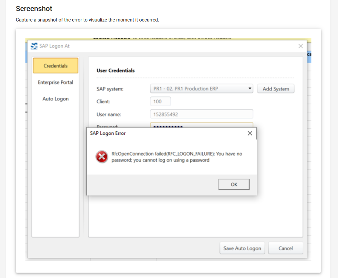 Error screenshot Screenshot of the BotCity Orchestrator, showing the continuation of the error detail blocks. Displaying the screenshot taken at the moment the error occurred.