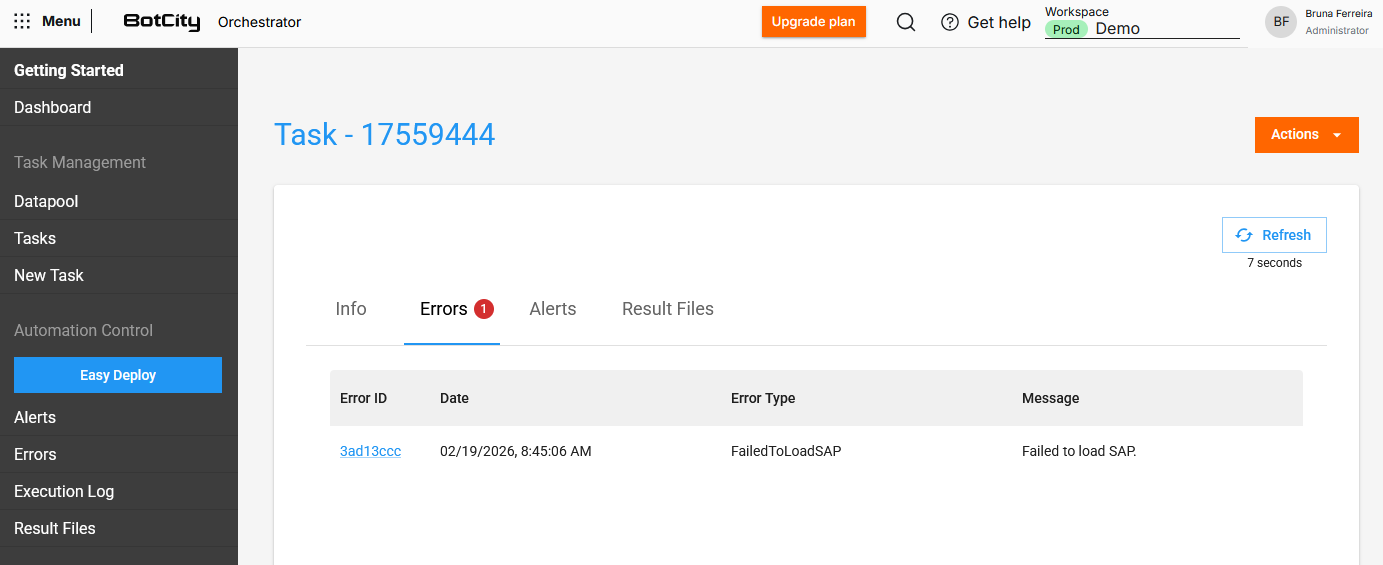 Viewing errors in the Task details Screenshot of the BotCity Orchestrator, showing the details of a task. The page displays the Task ID as the title, on the Errors tab. In the table, the errors emitted by the task with the columns: Error ID, Date, Error Type and Message.