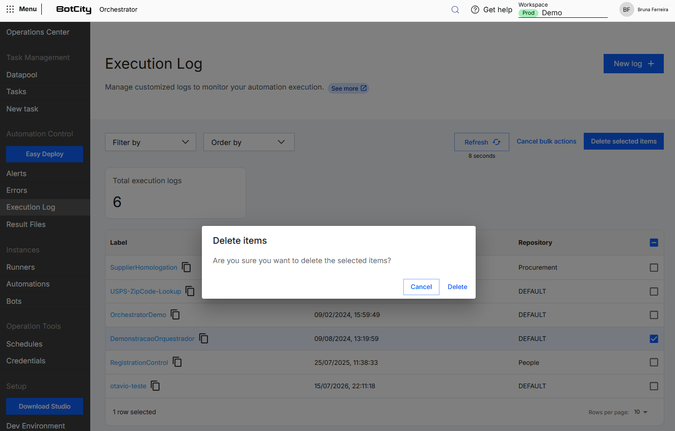 Screenshot of the BotCity Orchestrator, displaying the Execution Log menu. Confirmation window for deleting selected items with Cancel and Delete buttons.