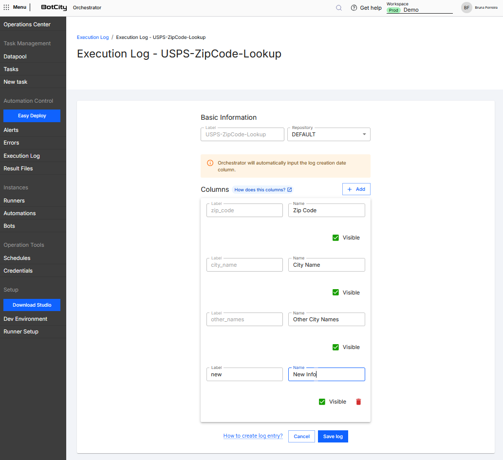 Screenshot of the BotCity Orchestrator, displaying the editing page for a log. The page shows a card with fields to fill in. Basic information: Label (read-only) and Repository; Add column button; Columns: Label (read-only for existing columns), Name, checkbox for visible column selection, trash icon to delete column (only for new columns). A link titled 'How to create a log entry?', and 'Cancel' and 'Create Log' buttons at the bottom of the page.