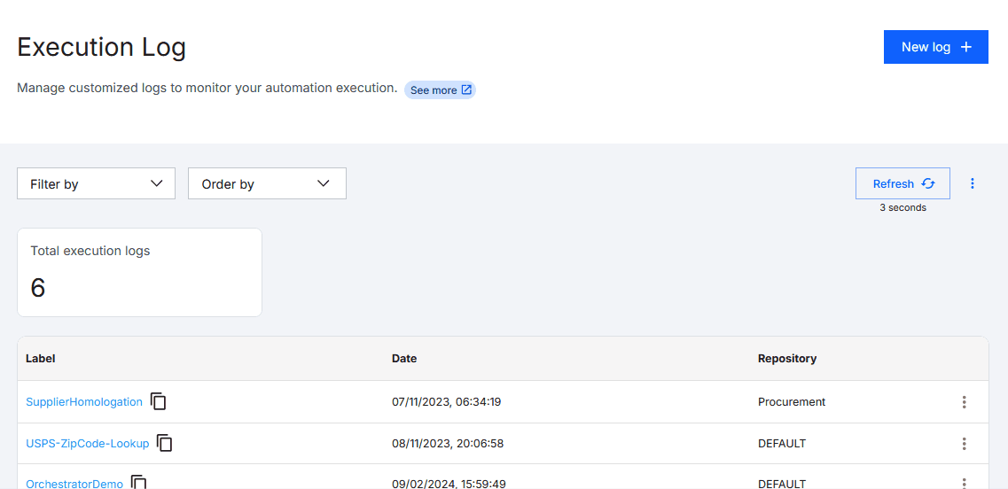 GIF of the BotCity Orchestrator, showing the filters for Execution Log search. Displays the two main fields available for filtering: Filter and Sort order.