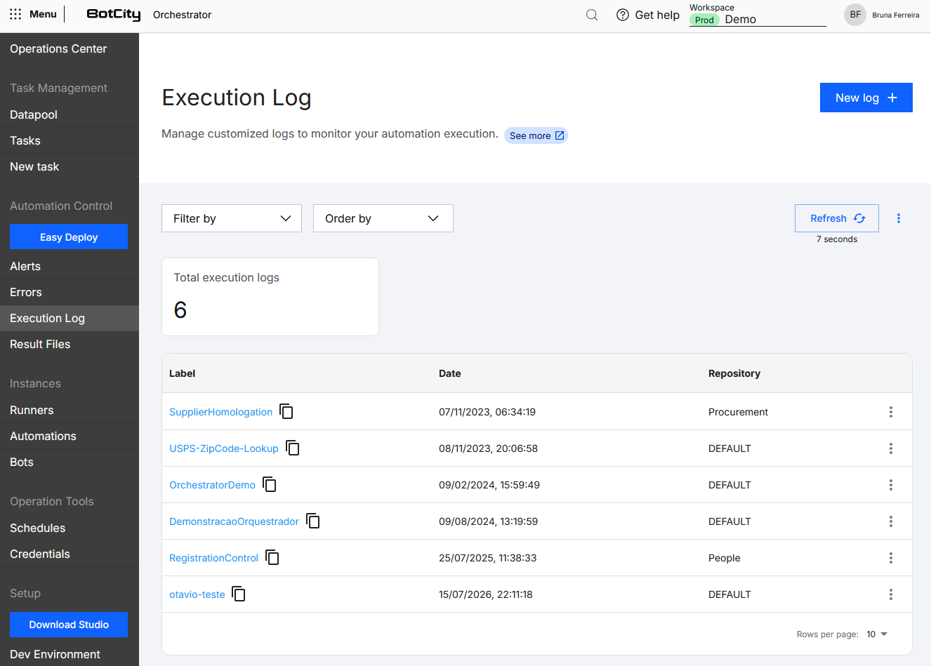 Screenshot of the BotCity Orchestrator showing the Execution Log menu. The page features the title "Execution Log" and the description "Manage custom logs to monitor your automation execution," with a "+ New log" button in the top-right corner. Below are the filter and sorting fields and a Refresh button. A summary card displays the total number of execution logs created. Further down is a table listing the existing logs, with columns for Label, Date, and Repository, as well as an actions menu for each log.