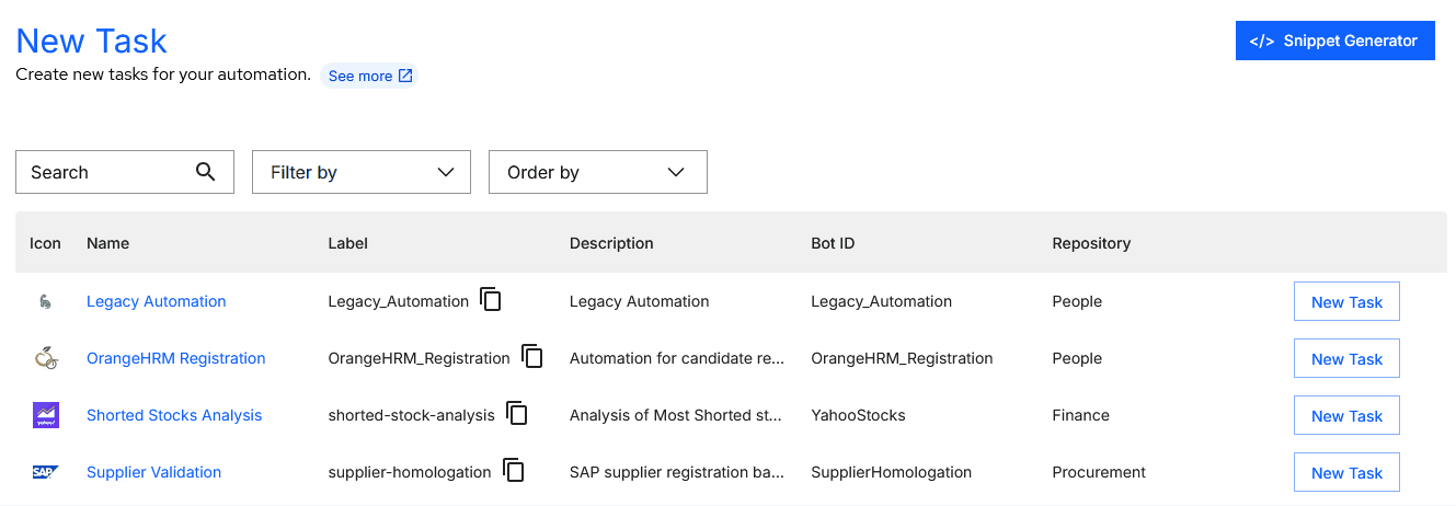 GIF of the BotCity Orchestrator, in the New Task menu, showing the filters for automation search. Shows the three main fields available for filtering: Search by Automation, Filter, Sort.