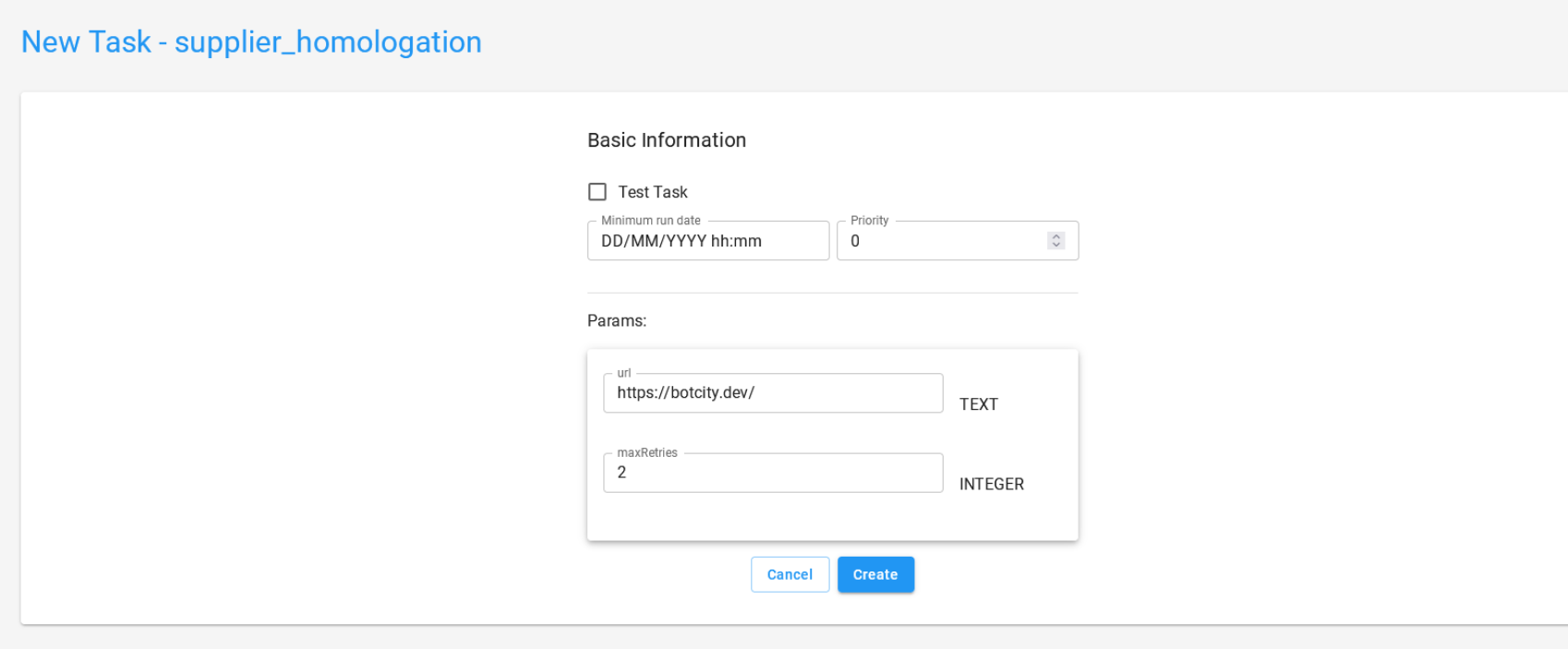 Screenshot of the BotCity Orchestrator, showing the new task creation form with the default fields for configuring a new task, as well as a custom parameters field where you can add as many parameters as needed for the task execution. At the bottom, the cancel and create task buttons.