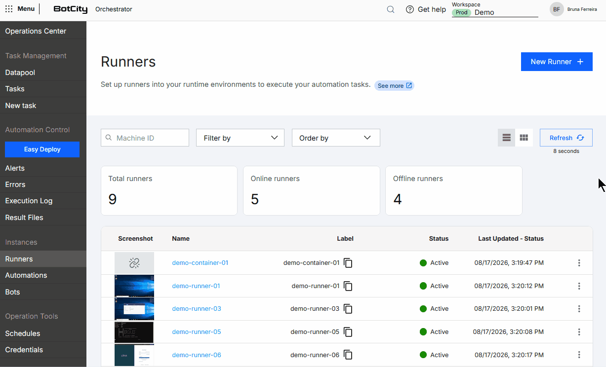 Animation demonstrating the use of the actions button available on a Runner's information page in the BotCity Orchestrator, with the options: Info, Logs, Screenshot, Edit, and Delete.