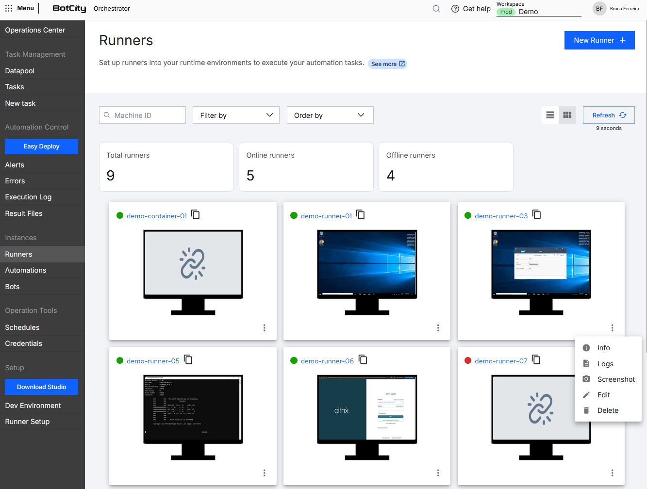 Screenshot of the BotCity Orchestrator, in the Runners menu, showing a Runner card with its identifier, connection status indicated by a colored circle, and the thumbnail of the execution environment screenshot.