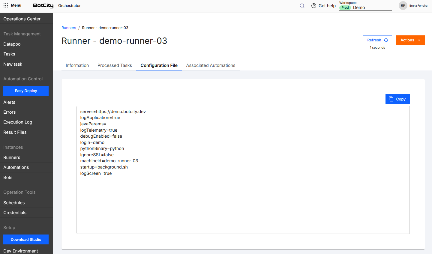 Screenshot of the BotCity Orchestrator, on the information page of a specific Runner, showing the Configuration File tab with the content of the conf.bcf file displayed.