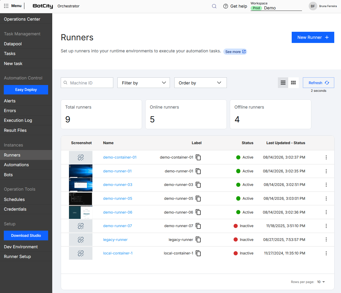 Screenshot of the BotCity Orchestrator, in the Runners menu, showing the options menu of a Runner card with the available options: Info, Logs, Screenshot, Edit, and Delete.
