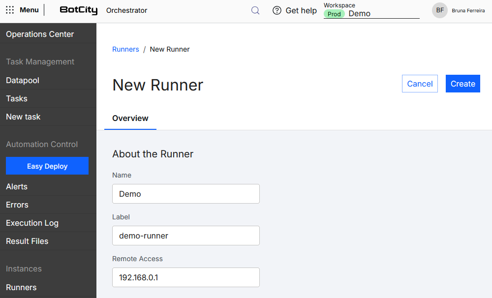 Screenshot of the BotCity Orchestrator, in the Runners menu, showing the form to create a new Runner with the Name, Label, and Remote Access fields.