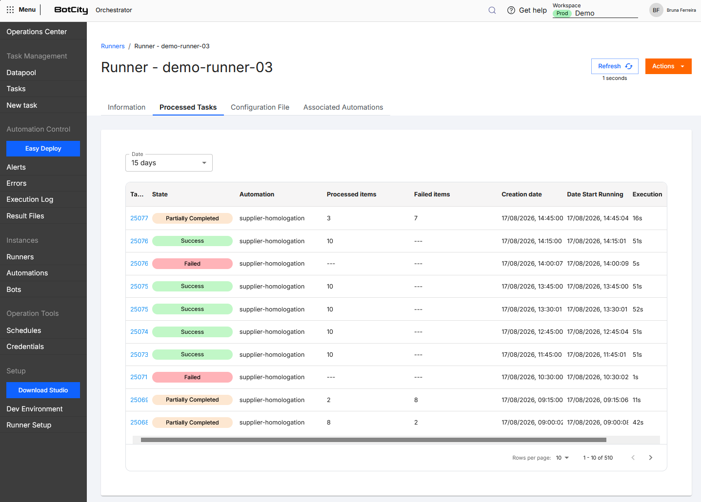 Screenshot of the BotCity Orchestrator, on the information page of a specific Runner, showing the Processed Tasks tab with the list of tasks executed by the Runner.