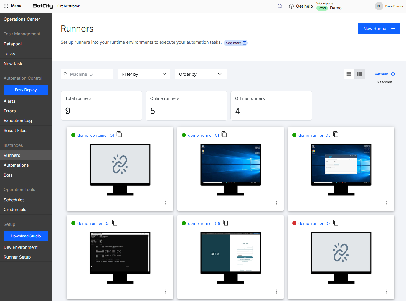 Screenshot of the BotCity Orchestrator, in the Runners menu, showing an overview of the execution environments registered in the workspace.