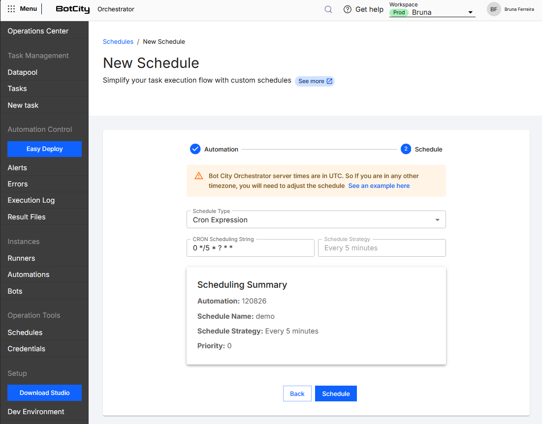 CRON Expression schedule Screenshot of BotCity Orchestrator showing step 2 - Schedule with the Schedule Type set to Cron Expression, the CRON Scheduling String field filled in, and the schedule summary (Scheduling Summary).