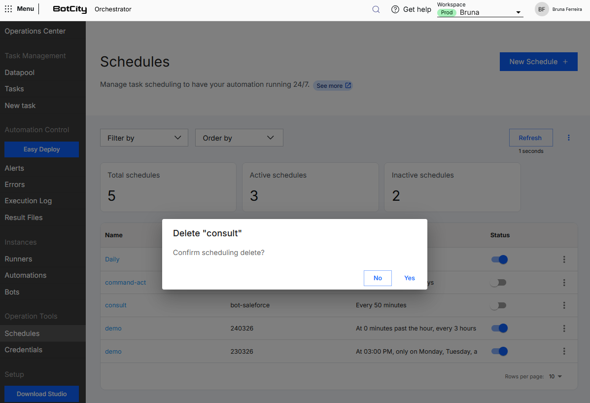 Schedule delete confirmation Screenshot of BotCity Orchestrator showing the confirmation window to delete a schedule, with the title 'Delete consult', the question 'Confirm scheduling delete?' and the No and Yes buttons.