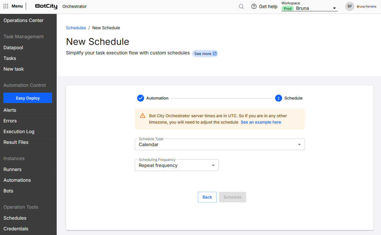 Calendar schedule - Repeat frequency Screenshot of BotCity Orchestrator showing step 2 - Schedule with the Schedule Type set to Calendar and the Scheduling Frequency field with the Repeat frequency option selected.