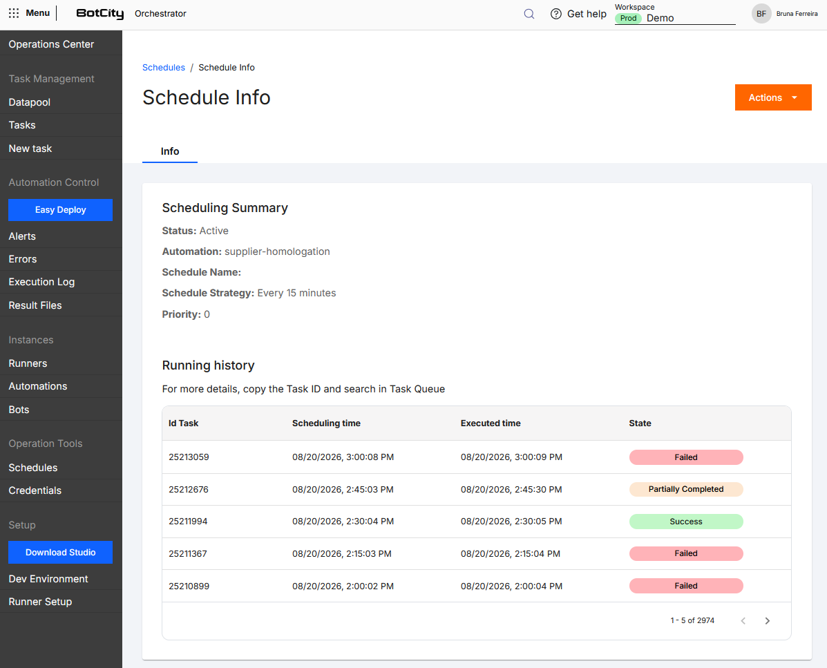 Schedule information Screenshot of BotCity Orchestrator showing the Schedule Info page with the schedule summary (Scheduling Summary) and the execution history (Running history), containing the columns Id Task, Scheduling time, Executed time and State.