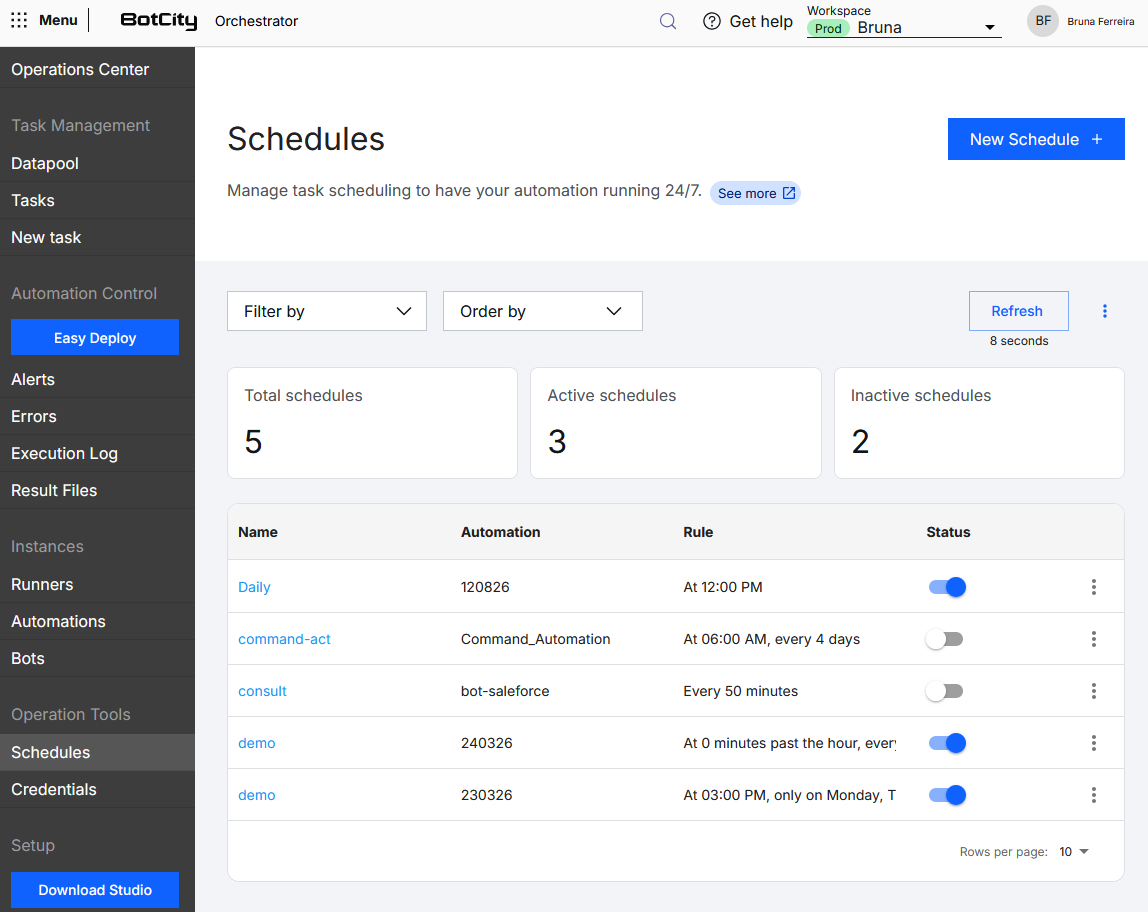 Overview of the Schedules menu Screenshot of BotCity Orchestrator showing the Schedules menu. The page is titled 'Schedules' with the 'New Schedule' button in the top-right corner. Below are the filter and sorting fields, the summary cards Total schedules, Active schedules and Inactive schedules, and the list of schedules with the columns Name, Automation, Rule, Status and the actions menu.