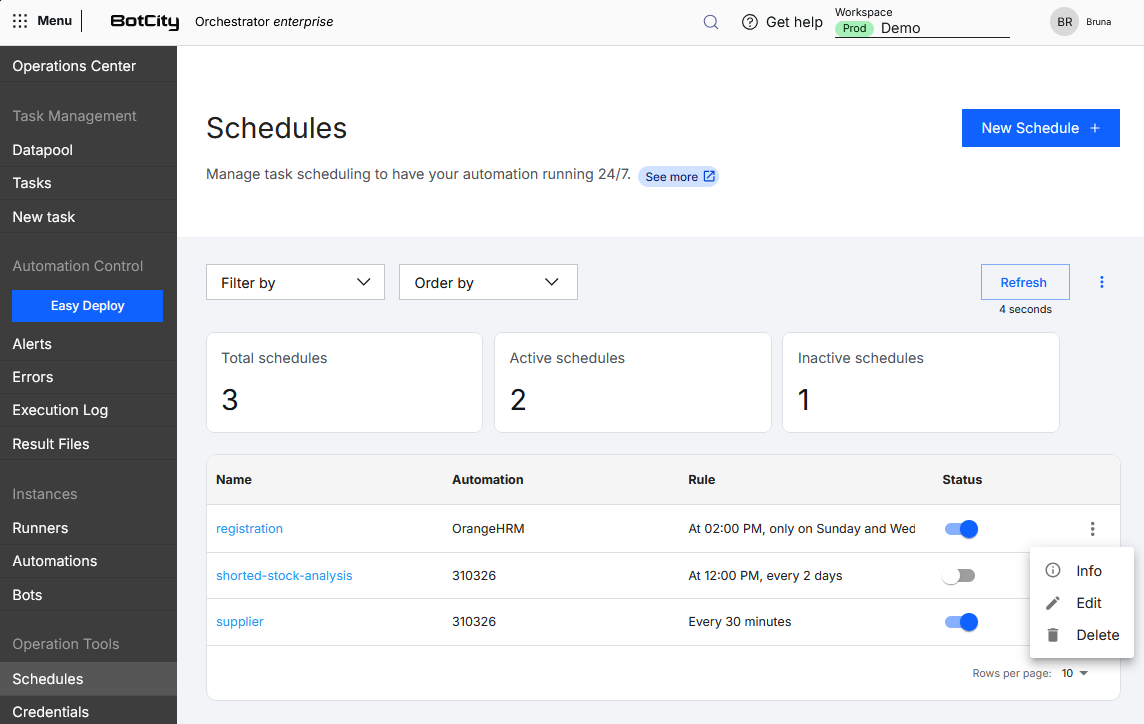 Schedule actions menu Screenshot of BotCity Orchestrator showing the schedule list with the actions menu of a schedule open, displaying the Info, Edit and Delete options.