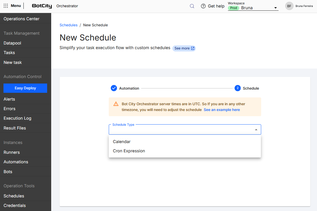 New Schedule - Schedule type Screenshot of BotCity Orchestrator showing step 2 - Schedule of the New Schedule form, with the Schedule Type field expanded showing the Calendar and Cron Expression options.