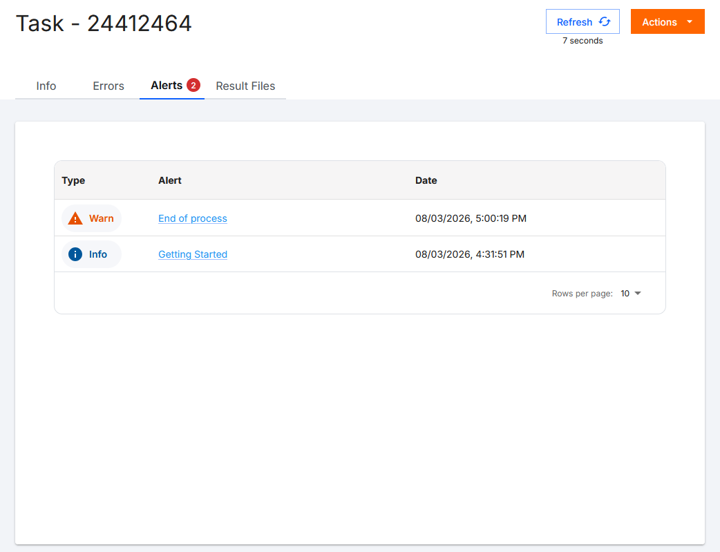 Screenshot of the BotCity Orchestrator, on the information page of a specific task, showing the task ID, the available actions button for the task and the navigation tabs to access the Information, Errors, Alerts (selected) and Result Files sections. The tab contains a number indicating the quantity of alerts emitted during the task's execution. The table displays the list of alerts emitted during the task's execution for detailed access.