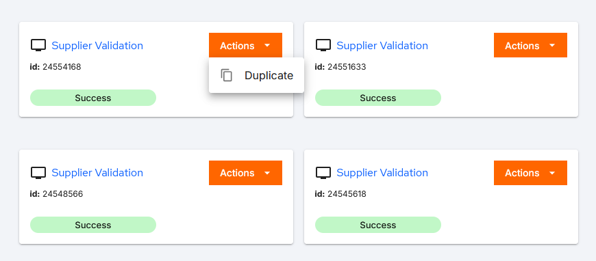 Screenshot of the BotCity Orchestrator, on the Tasks page, showing the available actions button on a failed task card with the option to duplicate the task.