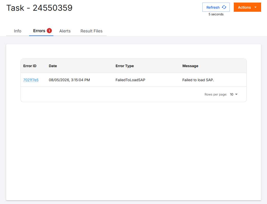 Screenshot of the BotCity Orchestrator, on the information page of a specific task, showing the task ID, the available actions button for the task and the navigation tabs to access the Information, Errors (selected), Alerts and Result Files sections. The tab contains a number indicating the quantity of errors that occurred during the task's execution. The table displays the list of errors that occurred during the task's execution for detailed access.
