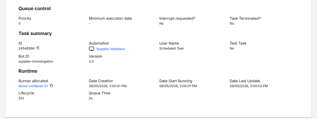 Screenshot of the BotCity Orchestrator, on the information page of a specific task, showing the task queue control information, task summary and runtime.