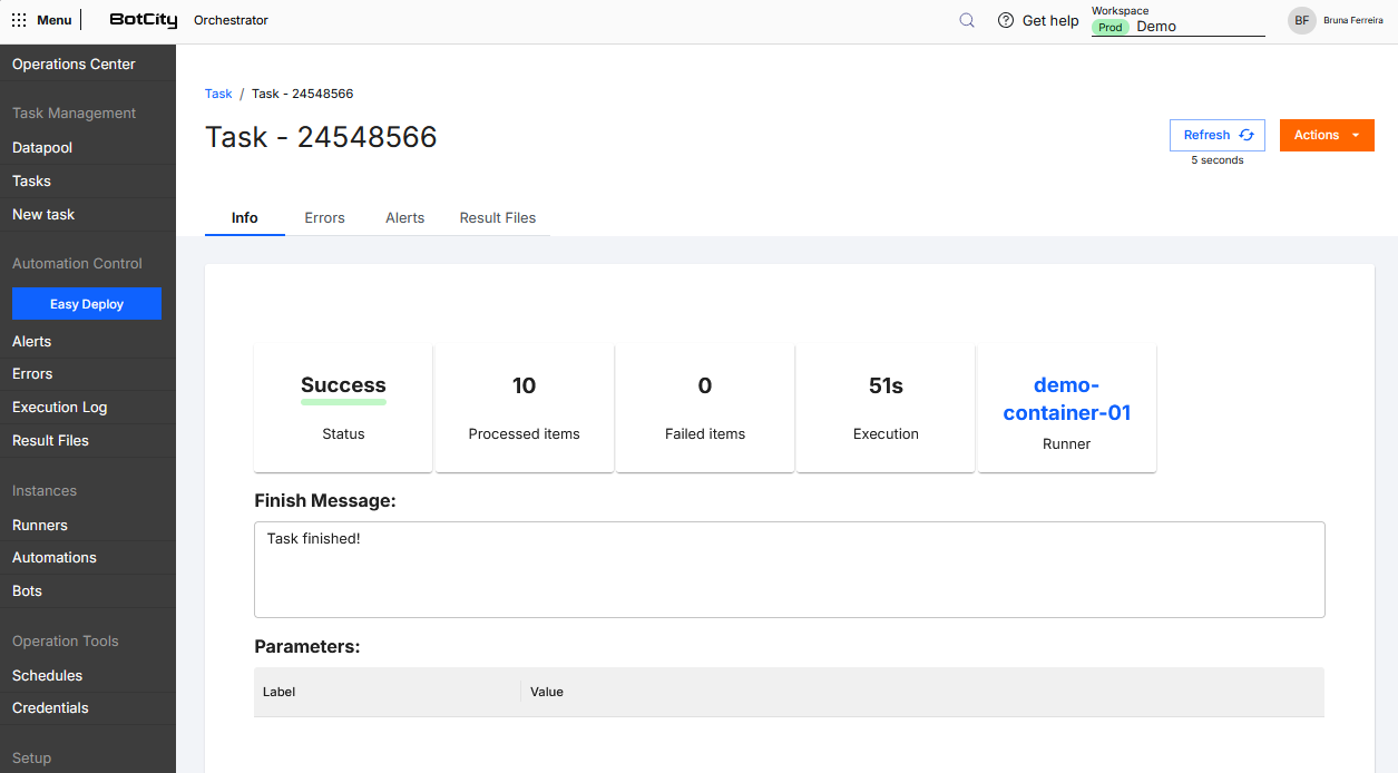 Screenshot of the BotCity Orchestrator, on the information page of a specific task, showing the task ID, the available actions button for the task and the navigation tabs to access the Information (selected), Errors, Alerts and Result Files sections. The summary cards are displayed with details about the state, processed items, failed items, execution time, responsible Runner, completion message and parameters used in the task's execution.