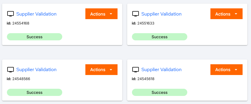 Screenshot of the BotCity Orchestrator, in the Tasks menu, showing the Cards view of the task queue. Each card displays the automation name, task ID, current state, and an available actions button. The automation name is highlighted to indicate it is clickable and leads to the task's detailed information.